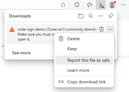 Code signing - Report this file as safe